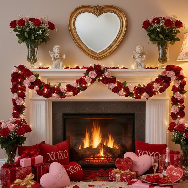 Decorated fireplace in Rochester, NY.